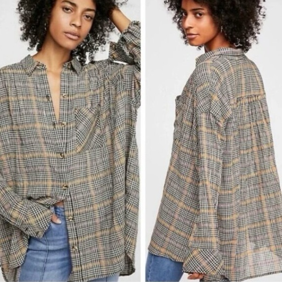 Free People Tops - Free People Break My Stride Oversized Plaid Long Sleeve Button Up Shirt Size XS